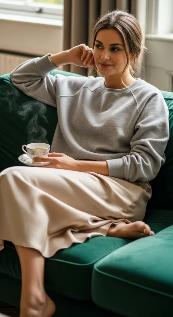 Silk Slip Skirt and Sweatshirt